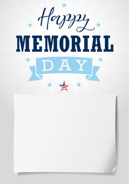 Happy Memorial Day USA calligraphy light banner. Happy Memorial Day USA hand lettering vector card, star, ribbon, stripes and paper on light background. Isolated abstract graphic design template. 