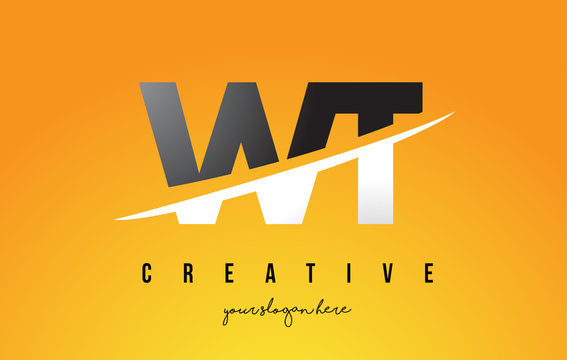 WT W T Letter Modern Logo Design with Yellow Background and Swoosh.