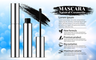 Luxury mascara brush silver package with eyelash applicator Cosmetics Advertising Banner Billboard Poster Catalog. Package Design Promotion Product blue background. 3D Vector Illustration
