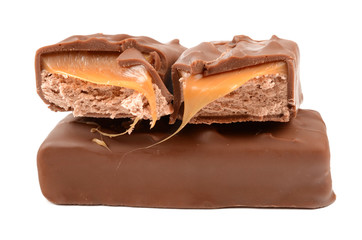 Chocolate with caramel on a white background