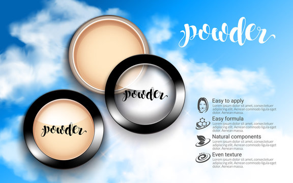 Glamorous Fashion Face Cosmetic Makeup Powder in Black Round Plastic Case Top View ads. flowing liquid texture. sky blue background. Advertising Banner Billboard. 3D Vector Illustration