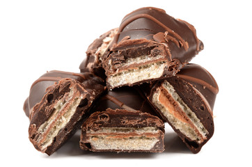 chocolate bars covered wafer on white background