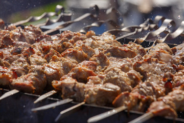 Cooking. Pork meat roasted on a spit. Meat is watered with water, creating splashes and steam. Closeup. When the aperture is wide open, selective focus.