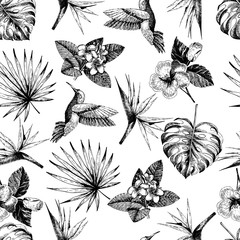 Obraz premium Vecotr hand drawn seamless pattern. tropical plants. Exotic engraved leaves and flowers. Monstera, livistona palm leaves, bird of paradise, plumeria, hibiscus, hummingbird.