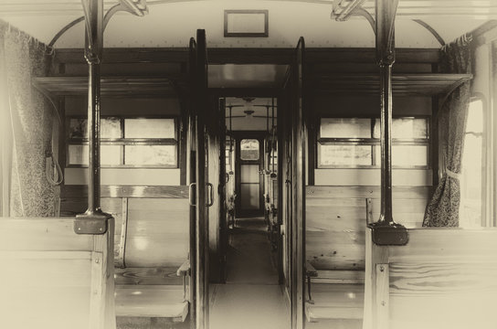 vintage looking photo of an italian Carrozza Centoporte, early XX century compartment coach for third class passenger trains