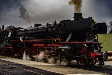 Plakat vintage black steam powered railway train