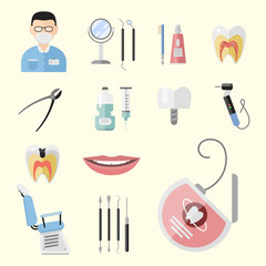 Flat health care dentist medical tools medicine instrument hygiene stomatology vector illustration.