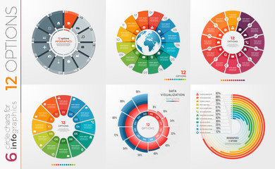 Collection of 6 vector circle chart templates 12 options.