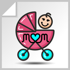 Newborn baby in a stroller-holiday icons for mother's day or for birthday. Vector Isolated flat colorful illustration.
