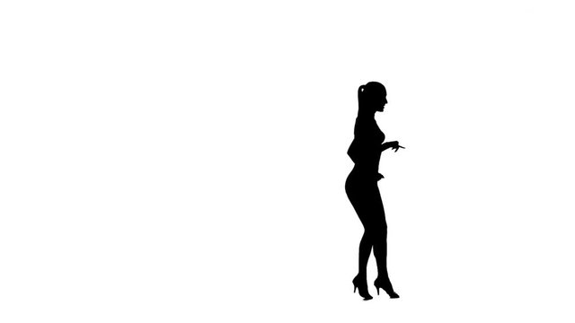Elegant female dancer performing rumba, silhouette. White background, slow motion