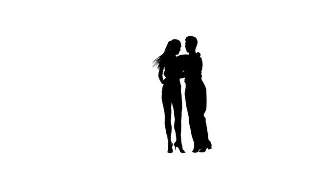 Silhouette pair professional dancers perform samba. White background, slow motion