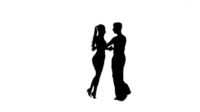 Dance element from rumba, silhouette couple. White background, slow motion