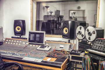 Interior of audio recording studio with equipment