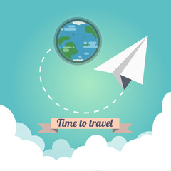 Time to Travel Concept. Paper Plane and Planet Earth Flat Style Vector Illustration