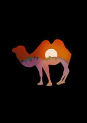 Double Exposure Camel with Desert Landscape Illustration