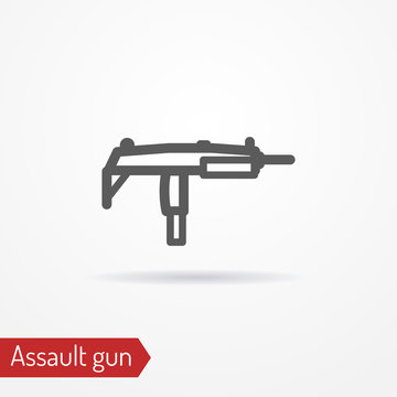 Abstract compact assault firearm. Submachine gun isolated icon in line style with shadow. Typical gangster or criminal weapon. Military vector stock image.