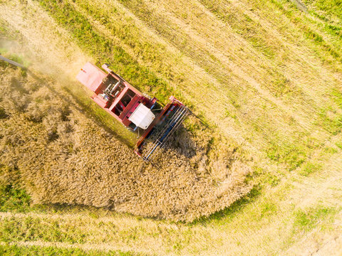 Aerial view of combine harvester. Harvest of rapeseed field. Industrial background on agricultural theme. Biofuel production from above. Agriculture and environment in European Union. 