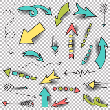 Vector arrow set. Hand drawn sketch with different size arrows on transparent background. Easy to use and modify illustrations with realistic shadows