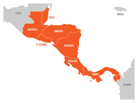 Map of Central America region with red highlighted central american states. Country name labels. Simple flat vector illustration.