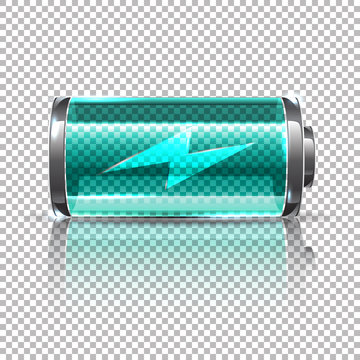 Vector Blue battery, full charge. Glass realistic power battery illustration on transparent background.