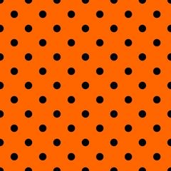 Seamless polka dots pattern vector background vintage retro design with black circles and orange backdrop design