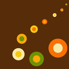 Invitation card template vector design vintage retro geometric orange yellow, green and beige circles on brown abstract background texture in an order