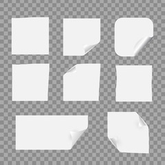 Vector isolated realistic set of paper note on the transparent background. White template mockup for message, decoration and covering.