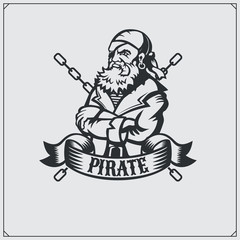 Monochrome pirate label and emblem. Vintage style.