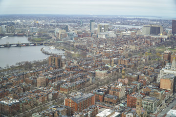 Wide angle aerial view over the city of Boston - BOSTON , MASSACHUSETTS - APRIL 3, 2017
