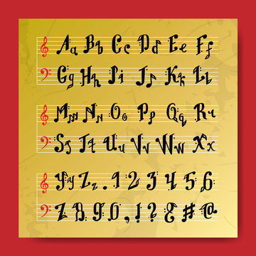 Musical decorative education music notes alphabet font hand mark calligraphy poster vector illustration