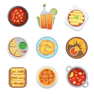 Mexican traditional food top view plates isolated a lunch sauce cuisine vector illustration