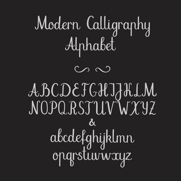 Calligraphic alphabet. Decorative handwritten brush font. Uppercase, lowercase and ampersand. Vector letters. Wedding calligraphy