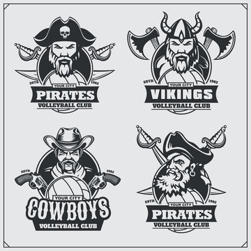 Volleyball badges, labels and design elements. Sport club emblems with pirate,cowboy and viking.