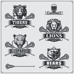 Fototapeta premium Lacrosse badges, labels and design elements. Sport club emblems with bear, lion, tiger and leopard.