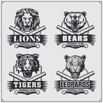 Baseball badges, labels and design elements. Sport club emblems with bear, lion, tiger and leopard.