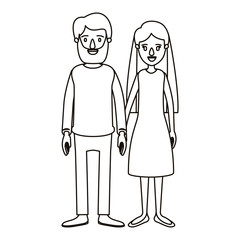 silhouette caricature full body couple woman with long hair in dress and man in casual clothing vector illustration