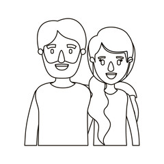 silhouette caricature half body couple woman with ponytail side hair and bearded man vector illustration