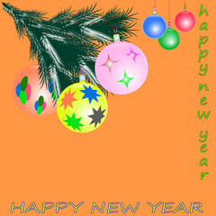 Новый год  поздравительная открытка сферические шары игрушки ветки ели  - obrazy, fototapety, plakaty