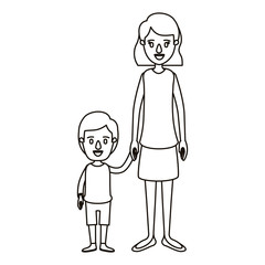 silhouette caricature full body mother taken hand with boy vector illustration