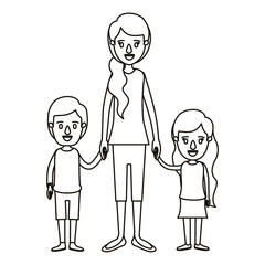 silhouette caricature full body mother taken hand with children vector illustration