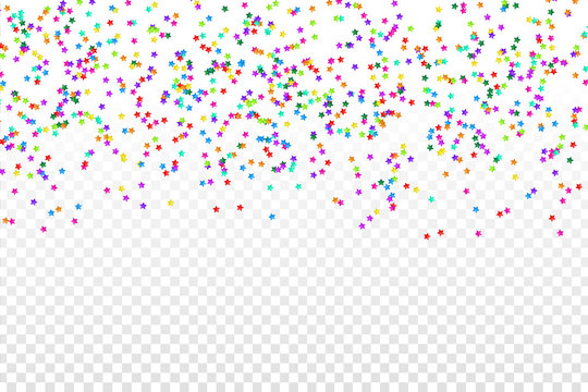 Vector realistic colorful star confetti on the transparent background. Concept of happy birthday, party and holidays.