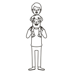 silhouette caricature bearded father with boy on his back vector illustration