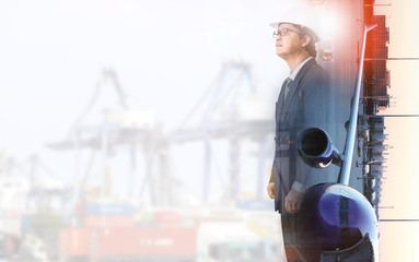Double exposure of success businessman working Always for Industrial Container Cargo freight ship for Logistic Import Export concept, industrail concept , Mixed media