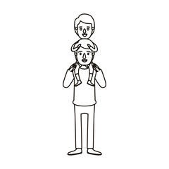 silhouette caricature young father with boy on his back vector illustration
