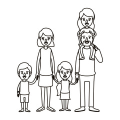 silhouette caricature big family parents with girl on his back and children taken hands vector illustration