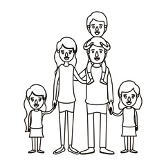 silhouette caricature big family parents with boy on his back and daugthers taken hands vector illustration