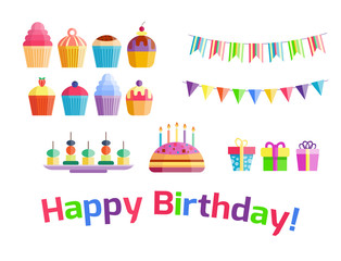 Party icons celebration happy birthday surprise decoration cocktail event anniversary vector.