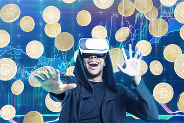 African man in vr glasses and bitcoins