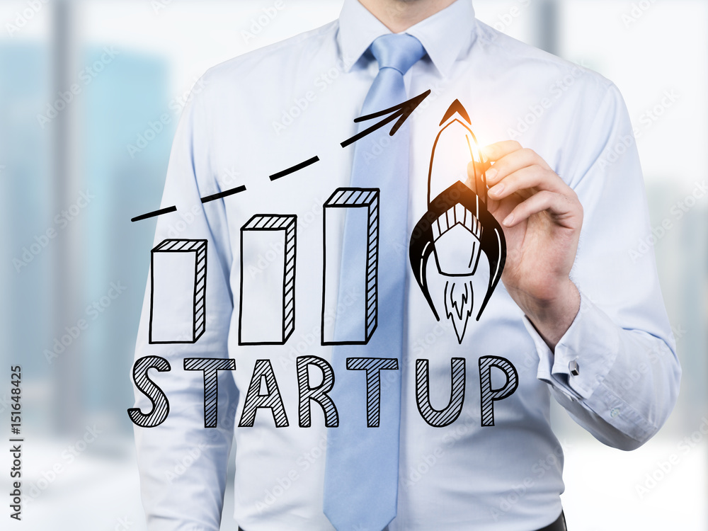 Poster man drawing start up graph