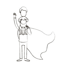 blurred silhouette cartoon full body faceless super dad hero with boy on his back vector illustration